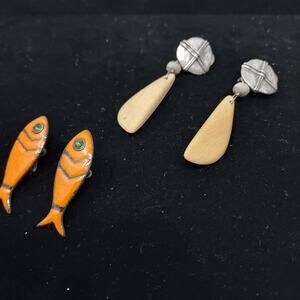 Vintage Earring Pair Beach Coastal Enamel Copper Fish Screw Shell Dangle Clip On